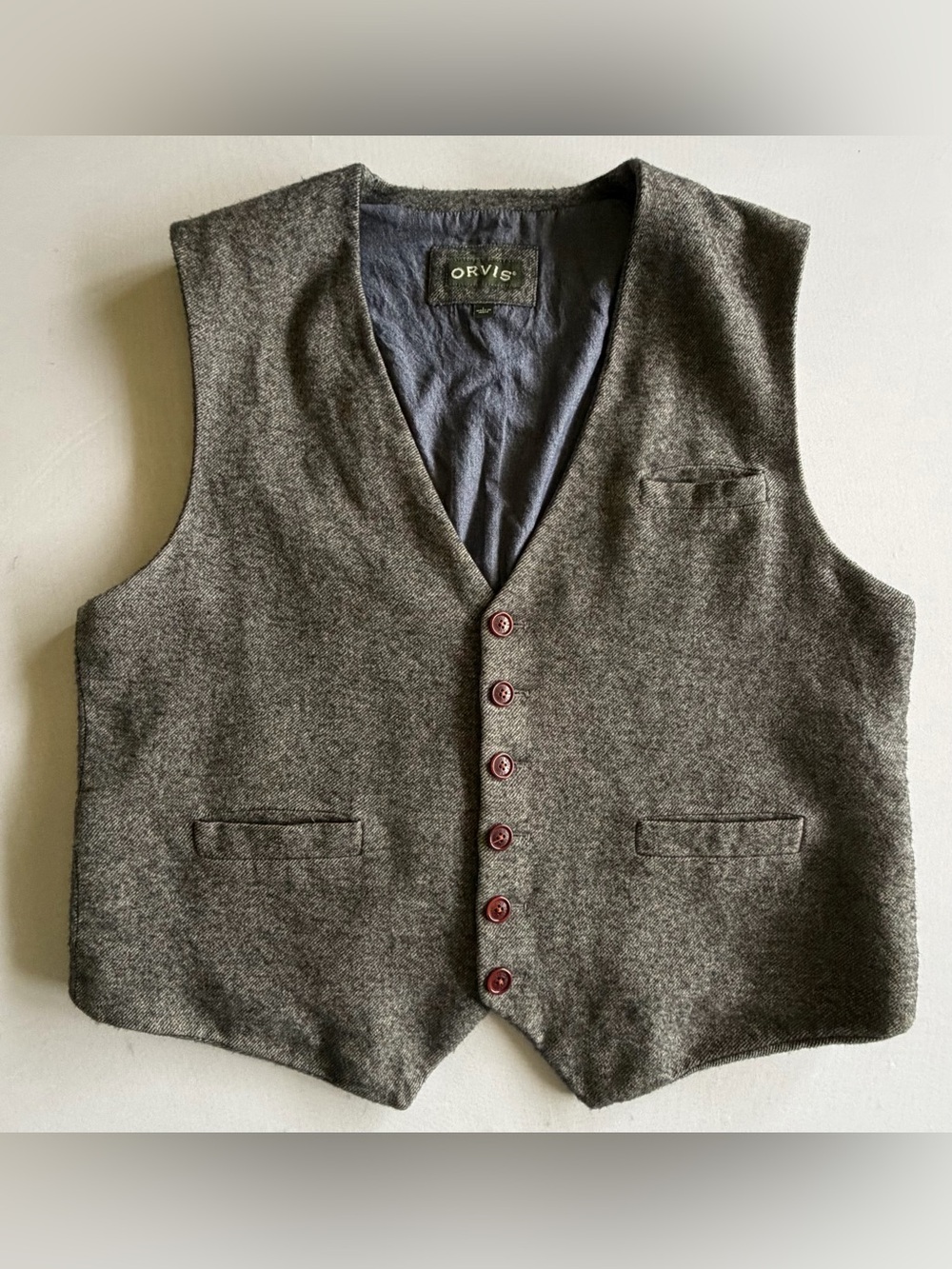 Orvis 100% Camel Hair Waistcoat Vest Large Gray Tweed Belted Lined